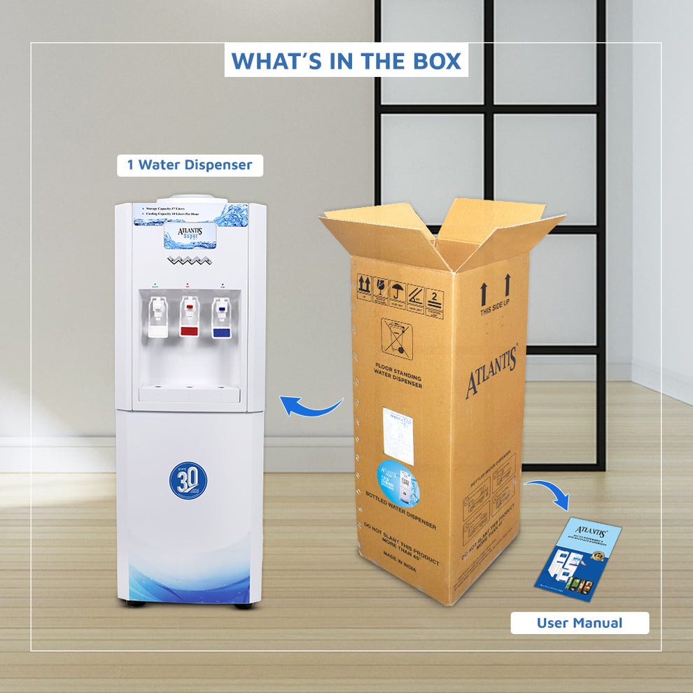 RO compatible water dispenser with three taps next to its open packaging box and user manual