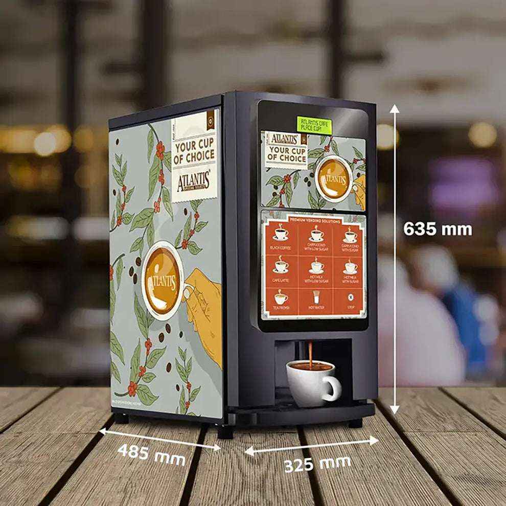 Atlantis Select 7 Option Coffee Machine with touch screen and compact design serving coffee in a white cup