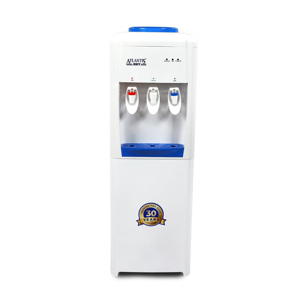 Atlantis SKY hot and cold water dispenser with three taps and 30 years warranty badge