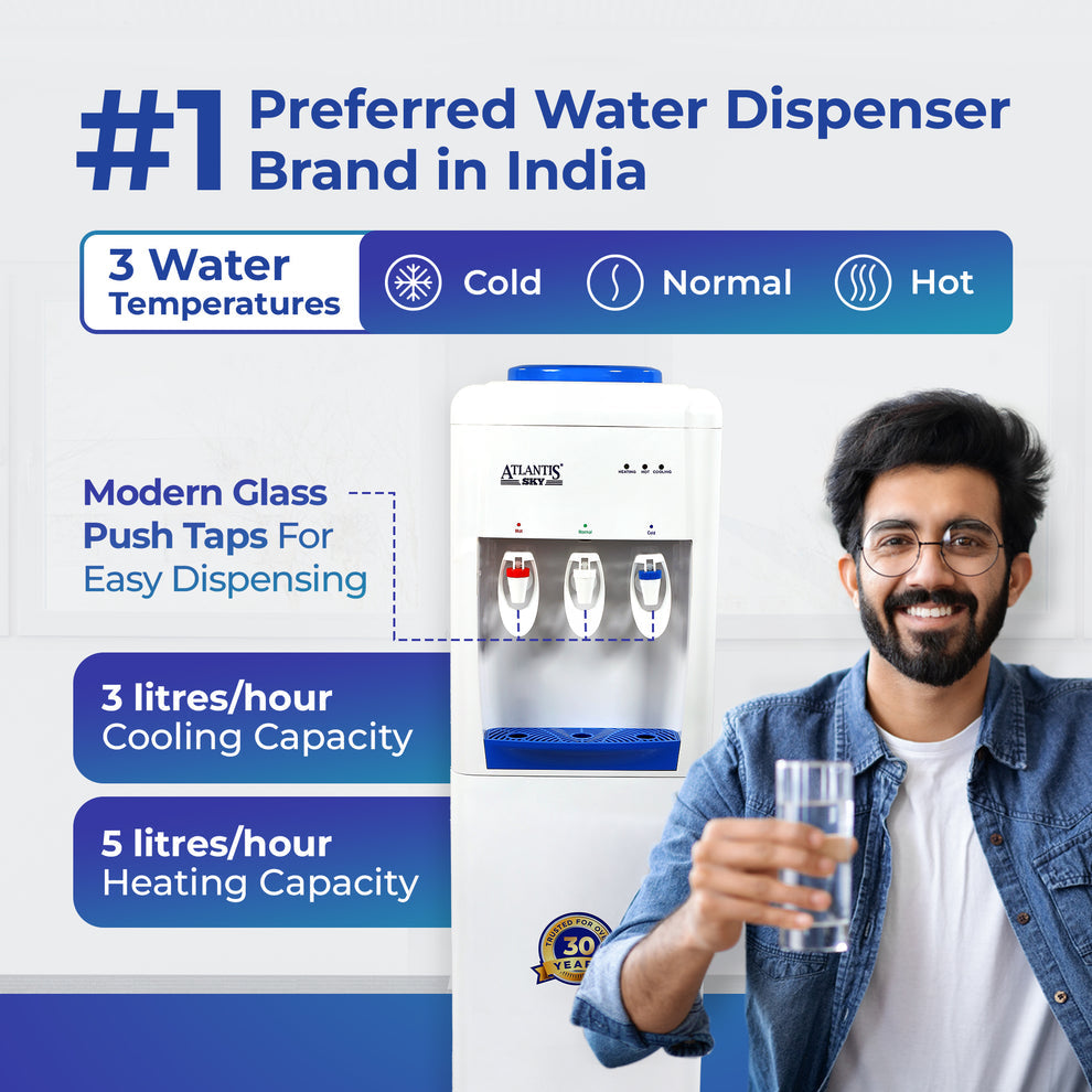 Atlantis SKY hot and cold water dispenser with three temperature options and glass push taps