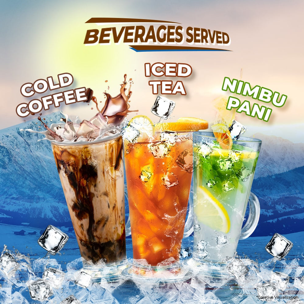 Smart coffee vending machine serving cold coffee iced tea and nimbu pani with ice cubes