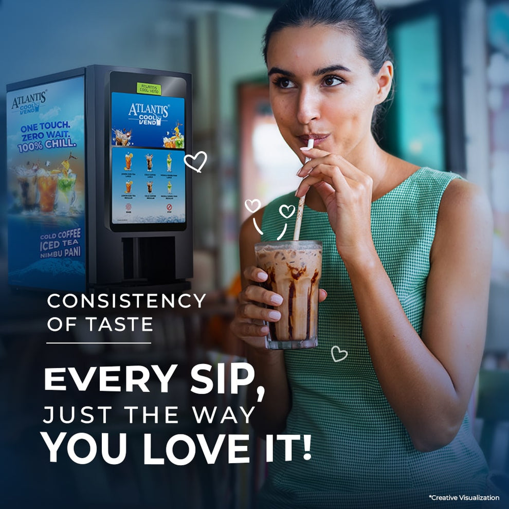 COFFEE WALLA smart coffee vending machine with touchscreen and woman drinking iced coffee