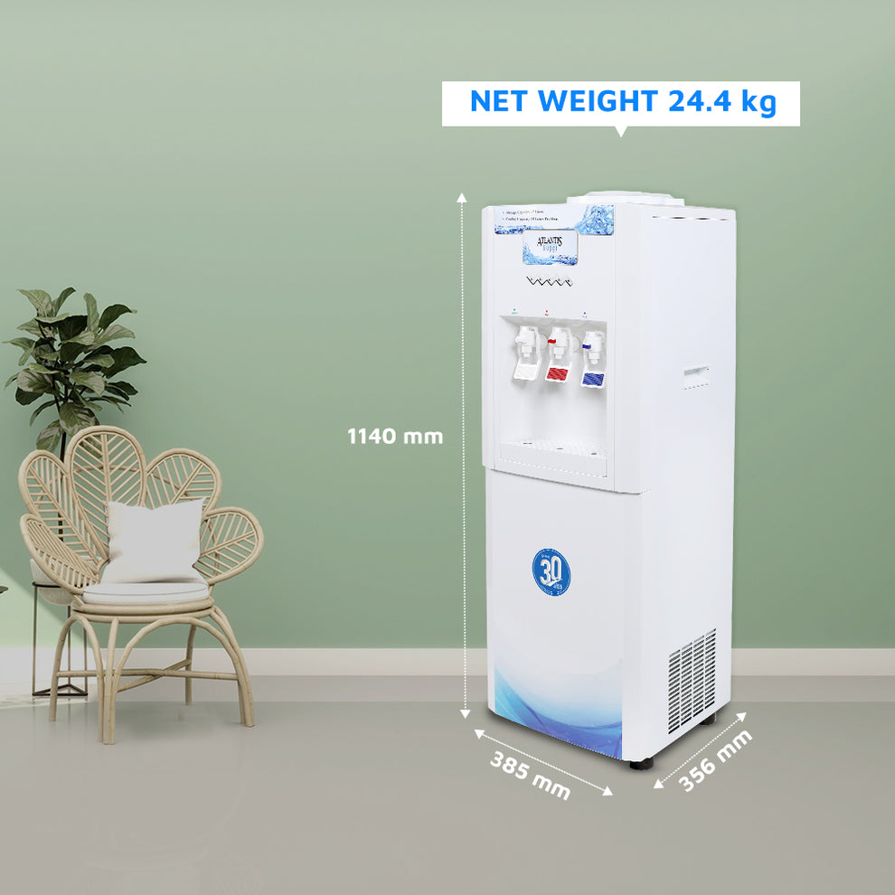 Atlantis Super floor standing water dispenser with three taps and dimensions shown next to a chair and plant