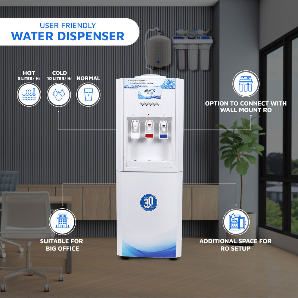 Atlantis Super floor standing water dispenser in office setting with hot cold and normal water options