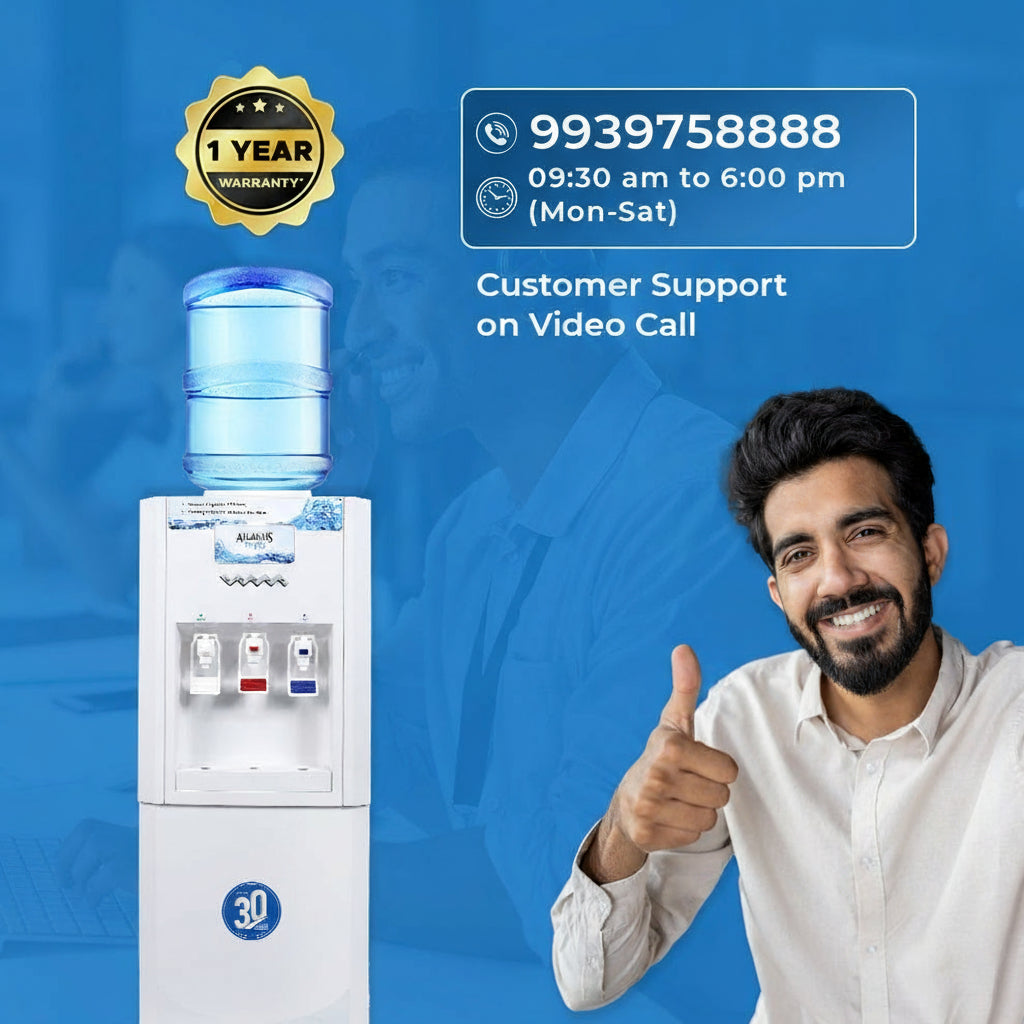 Atlantis Super floor standing water dispenser with water bottle and three taps shown with smiling man thumbs up