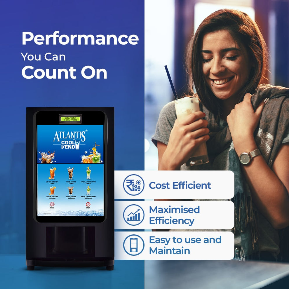 COFFEE WALLA touchless cold beverage dispenser with digital menu and woman enjoying a cold drink