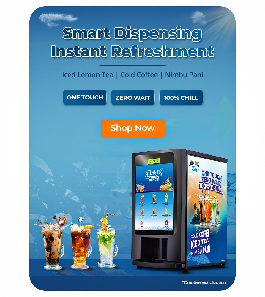 COFFEE WALLA touchless cold beverage dispenser with iced lemon tea cold coffee and nimbu pani options