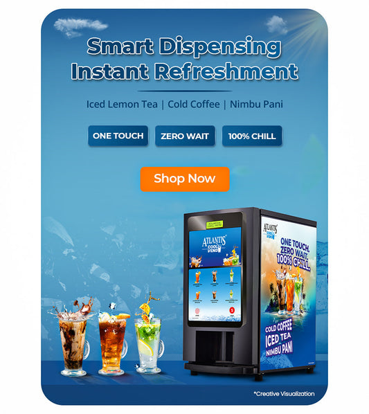 COFFEE WALLA touchless cold beverage dispenser with iced lemon tea cold coffee and nimbu pani options