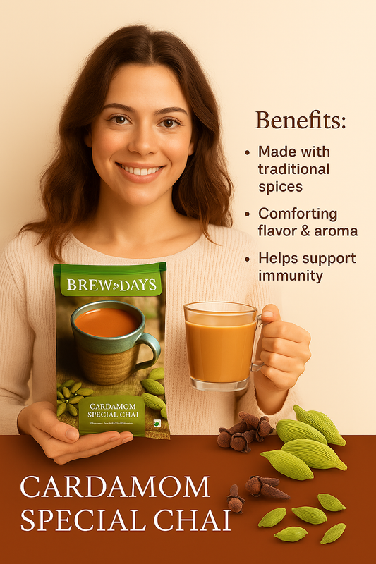 Cardamom tea premix for offices Brew Days cardamom special chai held by smiling woman with cup