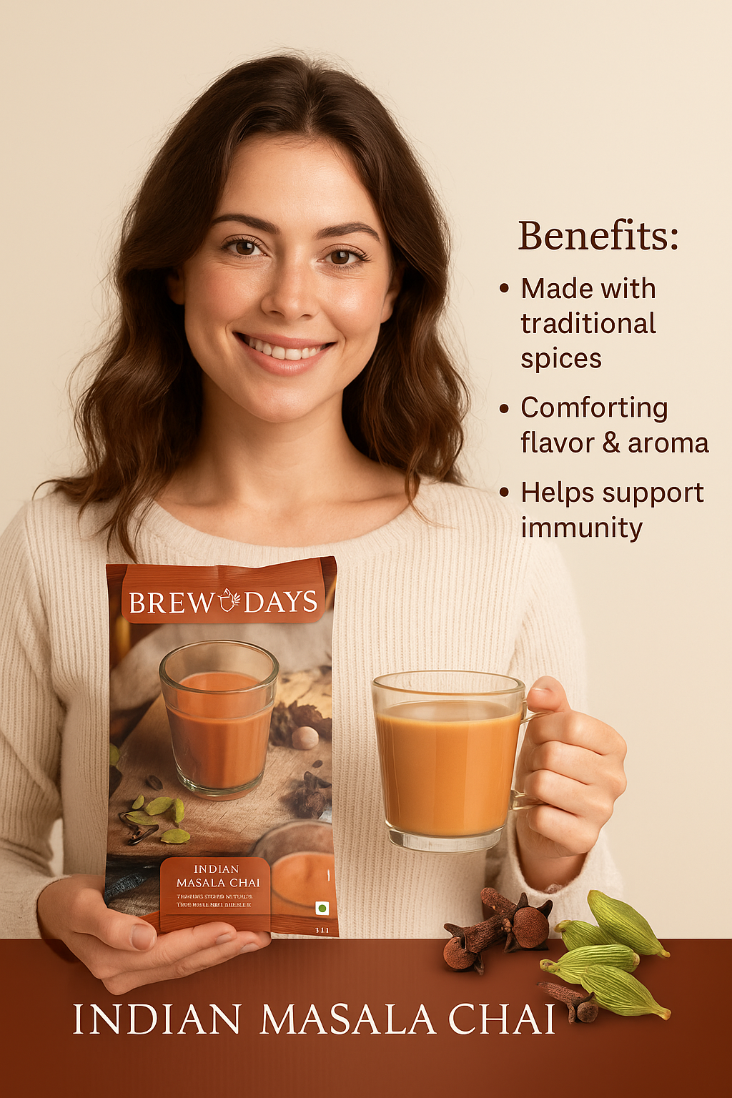 Smiling woman holding Brew Days Indian masala tea premix packet and a cup of prepared masala chai