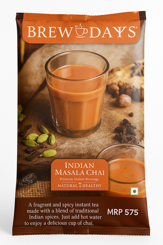 Brewdays Indian masala tea premix pack with glass of spiced chai and traditional Indian spices