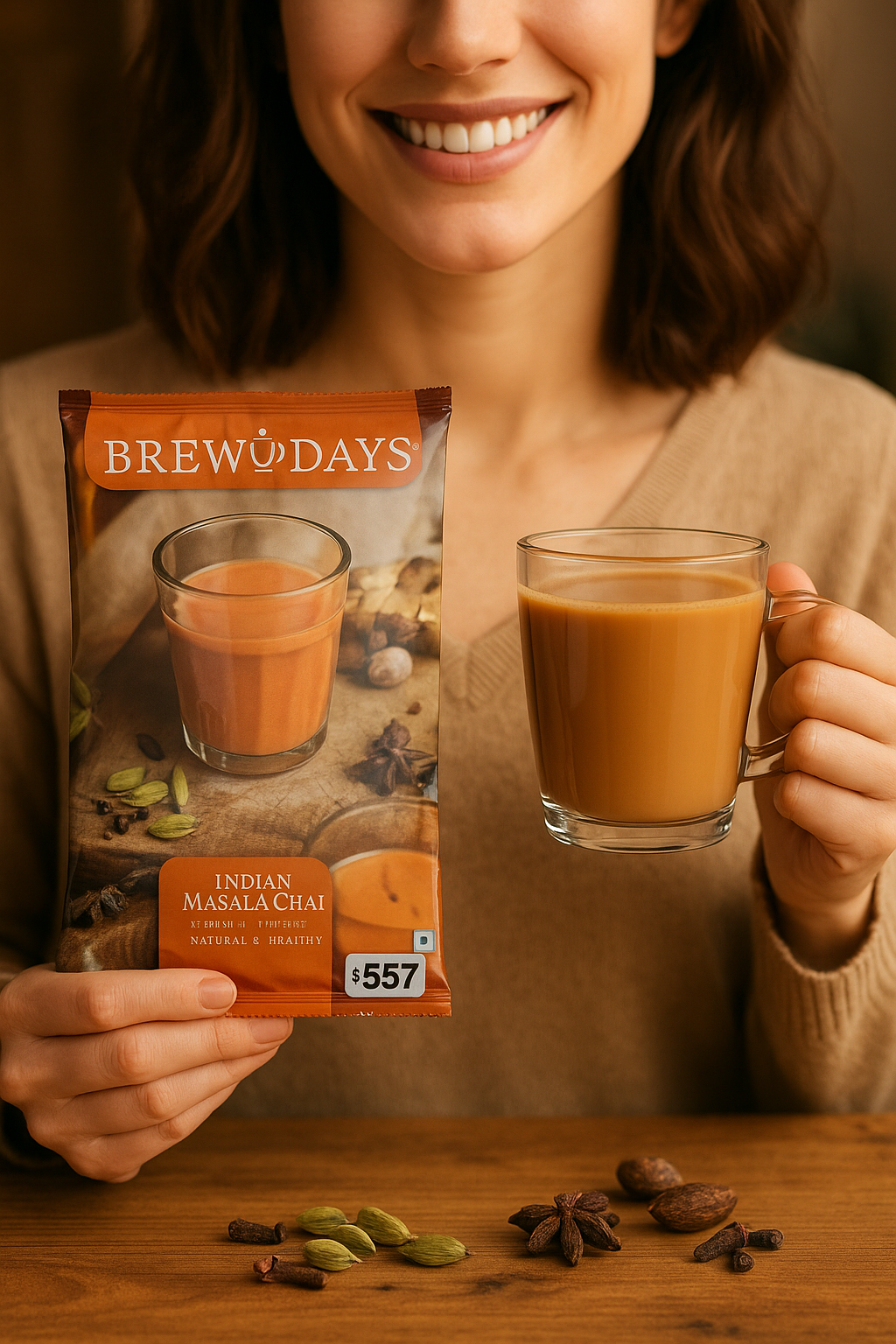 Smiling woman holding Brew Days Indian masala tea premix packet and a glass cup of prepared masala chai