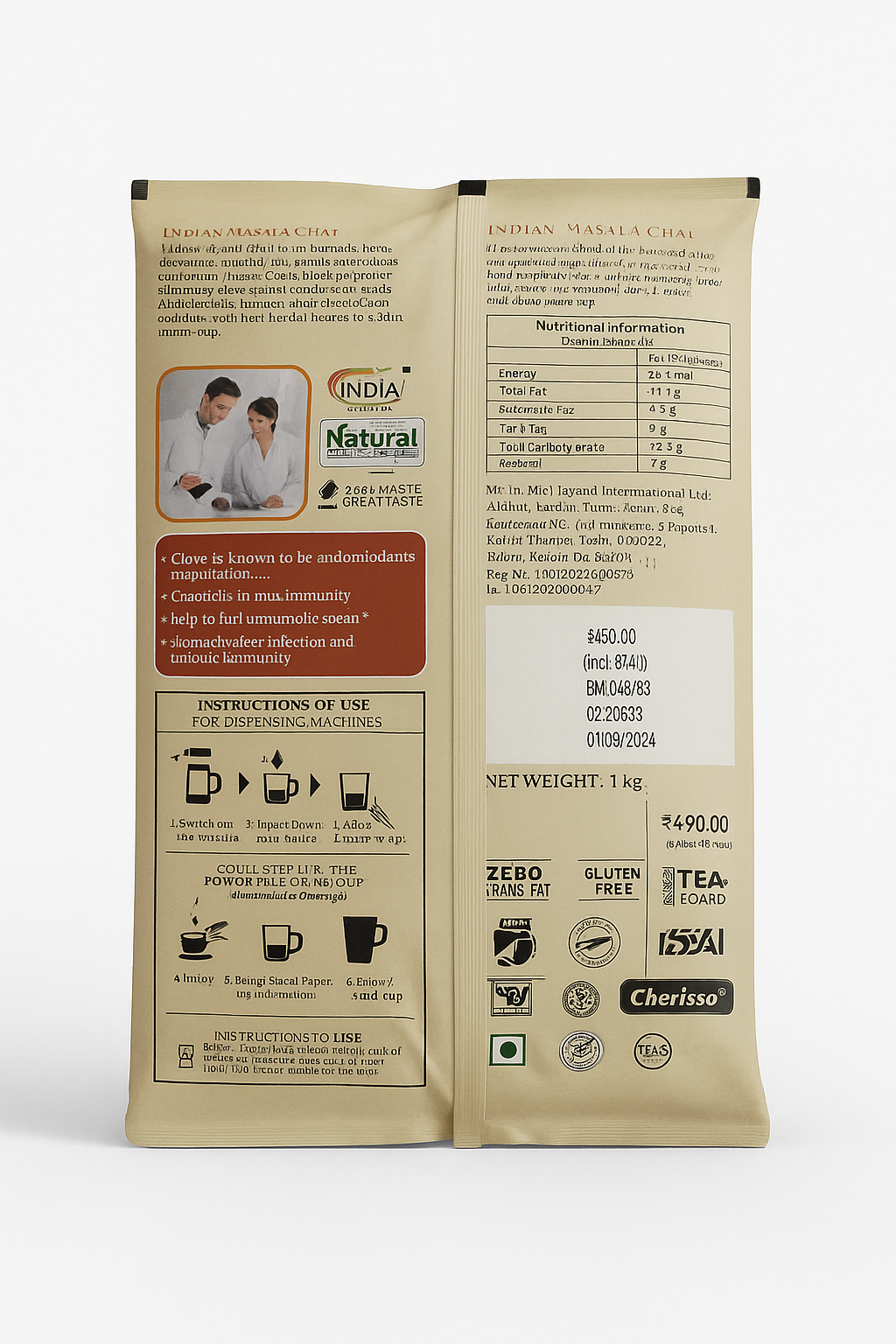 Indian masala tea premix packet with nutritional information and preparation instructions