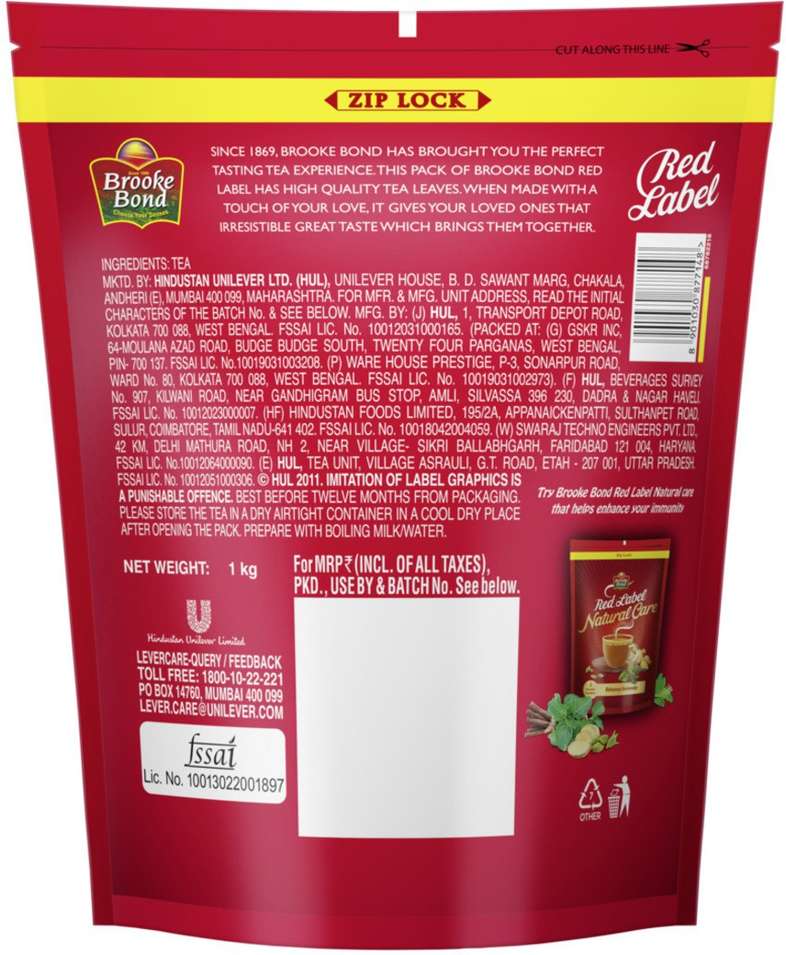 Brooke Bond Red Label tea 1kg pouch with zip lock and detailed ingredient information on the back