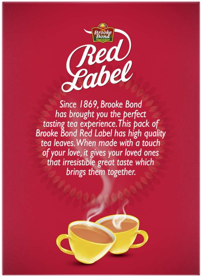 Brooke Bond Red Label tea 1kg pouch with steaming cups of tea on red background