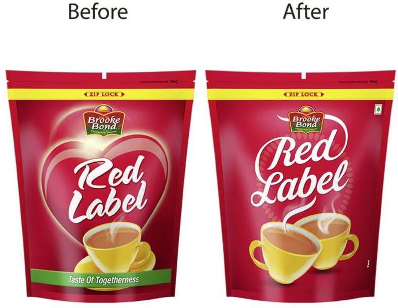 Brooke Bond Red Label tea 1kg pouch before and after package design with red background and yellow cups