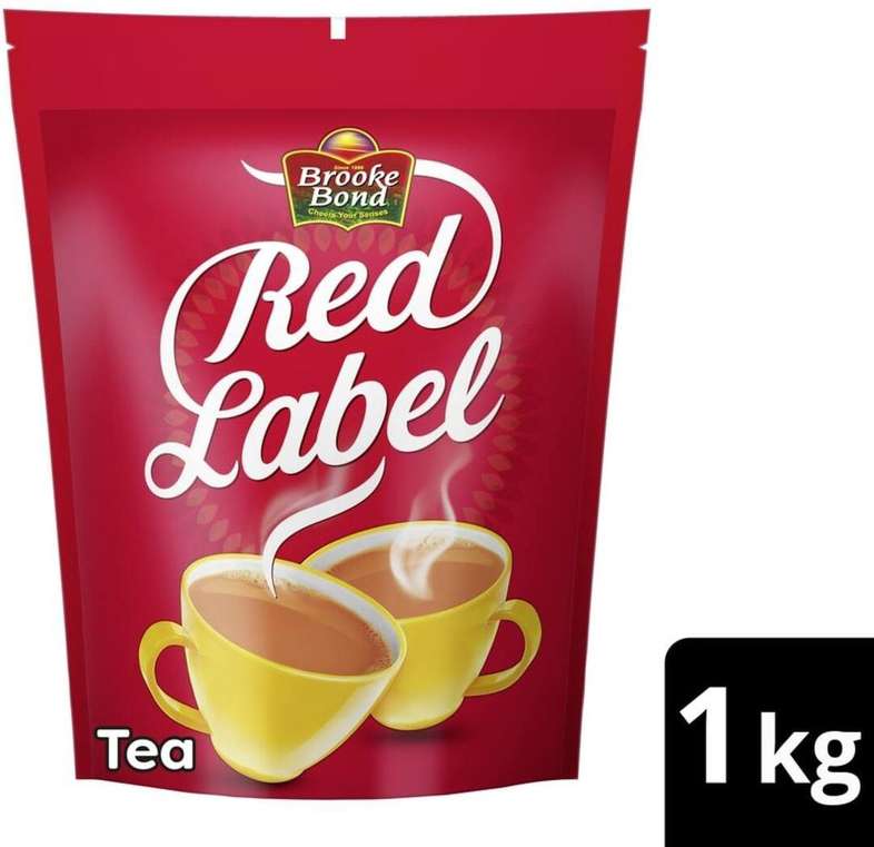 Brooke Bond Red Label tea 1kg pouch with red packaging and two yellow cups of steaming tea
