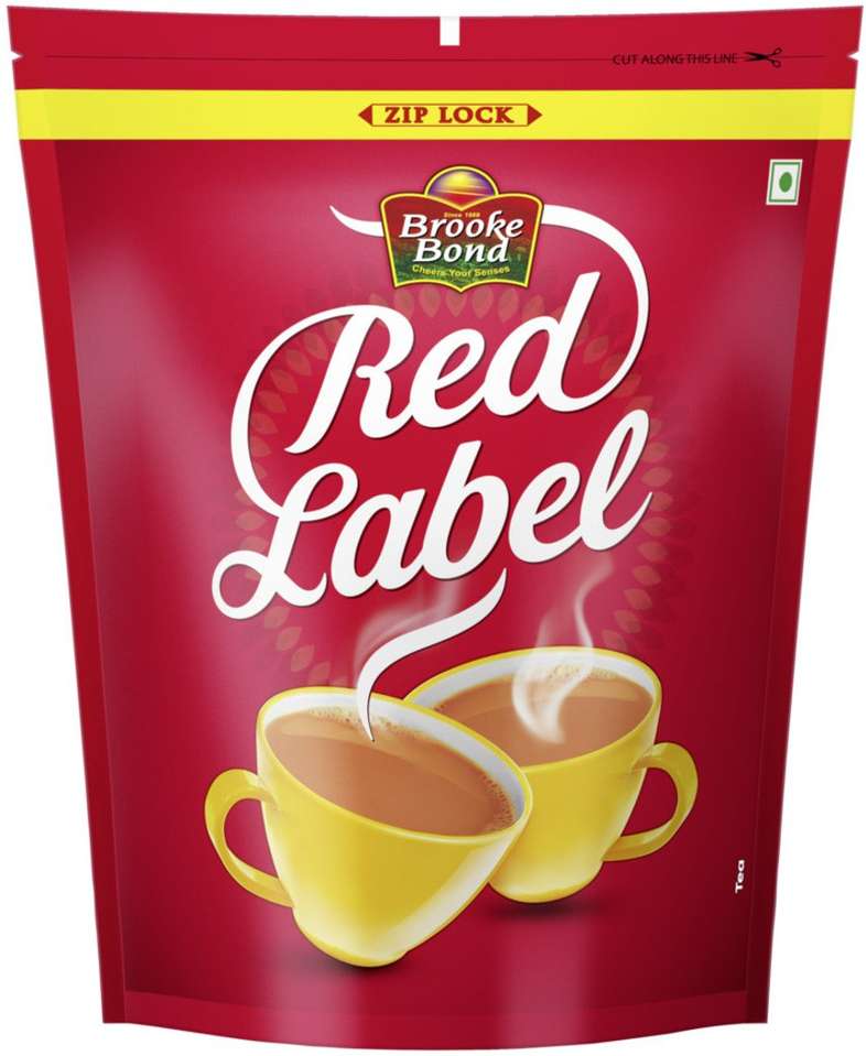 Brooke Bond Red Label tea 1kg pouch with zip lock and image of two yellow cups with steaming tea