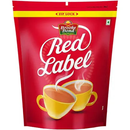 Brooke Bond Red Label tea 1kg pouch with zip lock and two steaming yellow cups of tea on red packaging