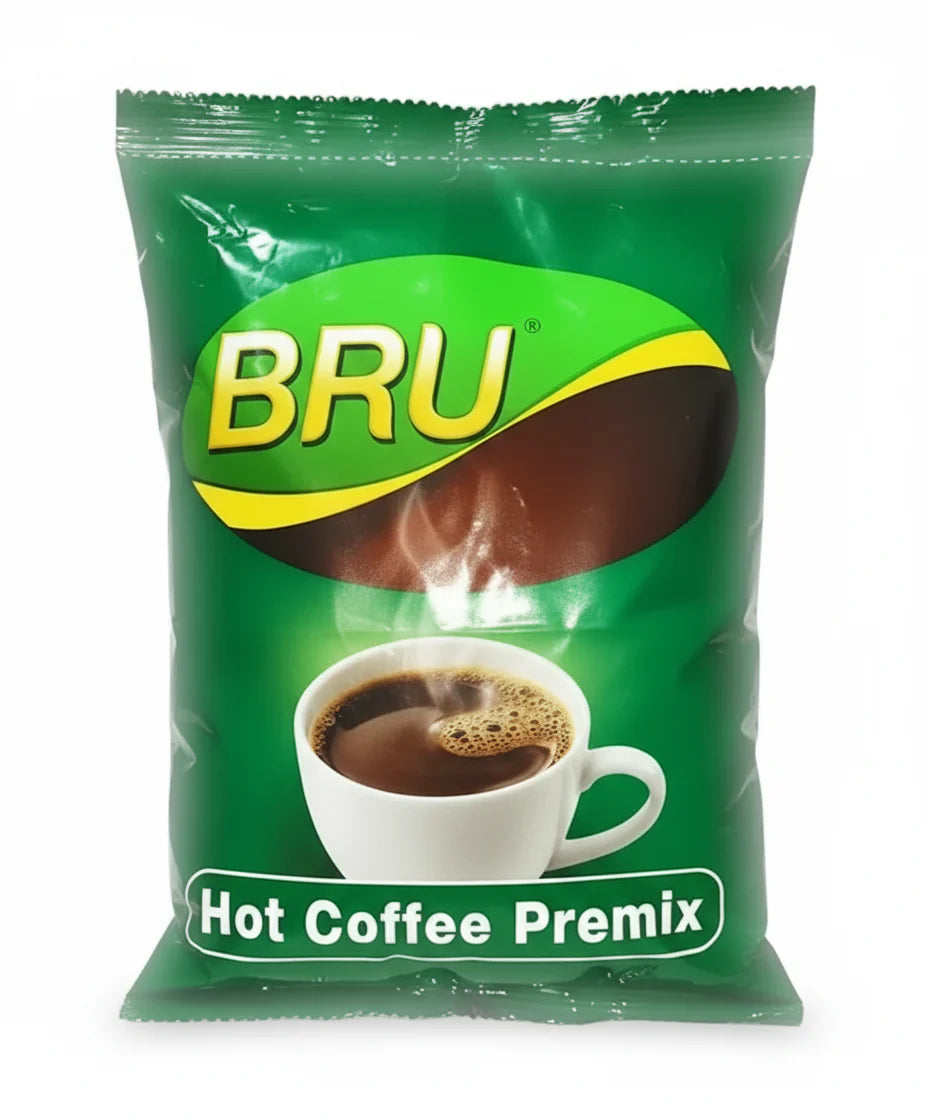 Bru coffee premix 1kg green packet with steaming hot coffee cup image on front