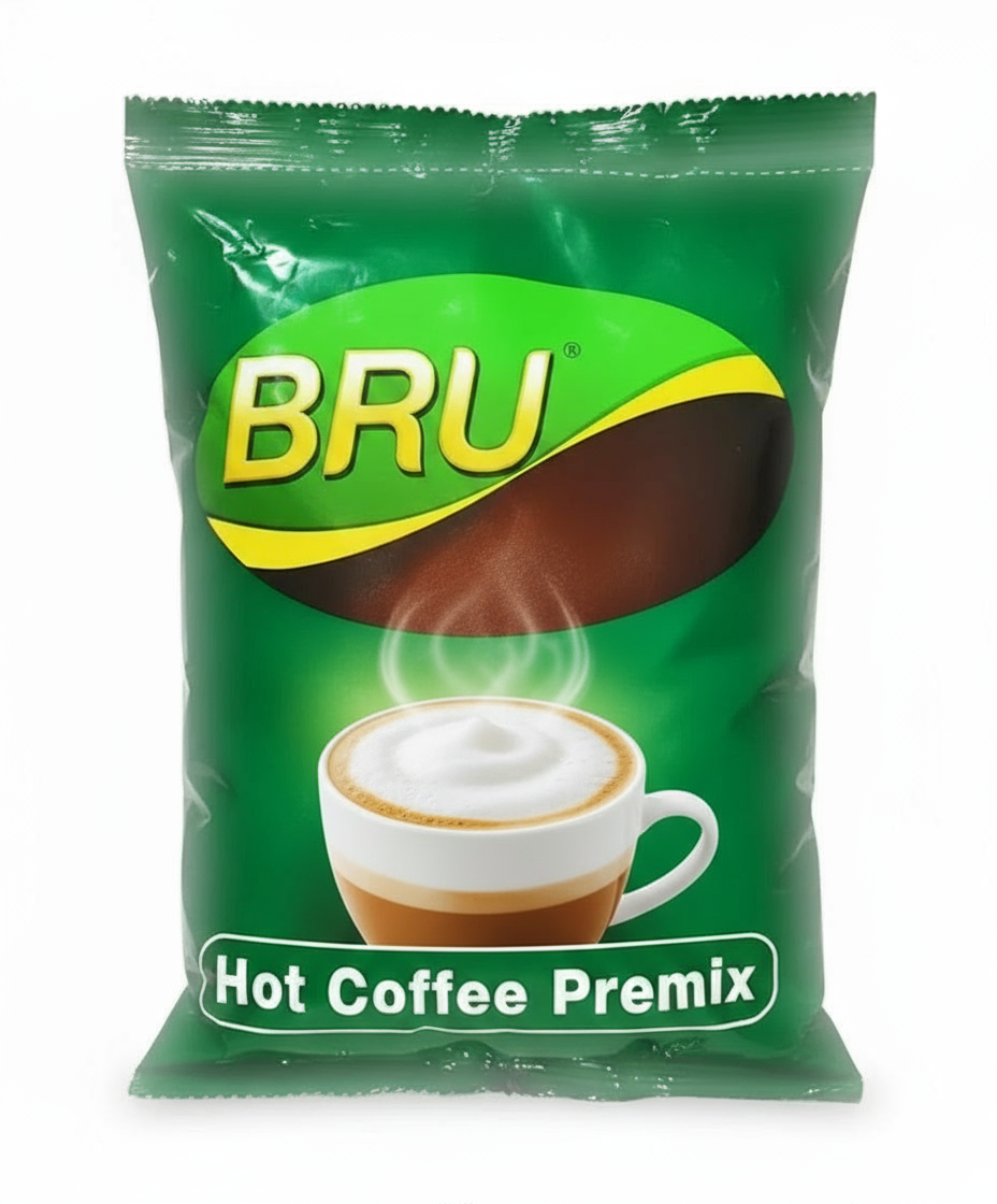 Bru coffee premix 1kg pack with green packaging and cup of hot coffee image