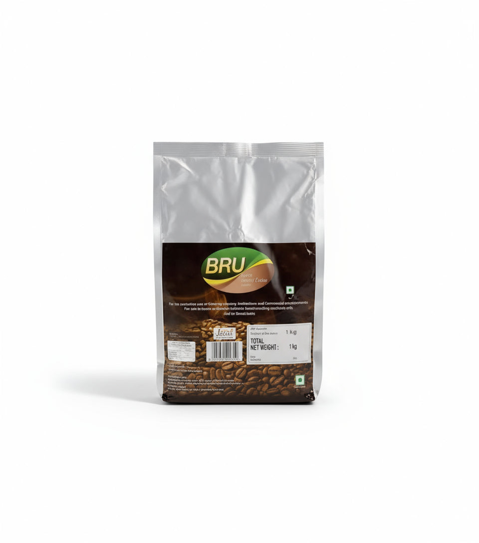 Bru Coffee Roasted Beans 1kg pack with brown and green branding from Tea coffee vending service