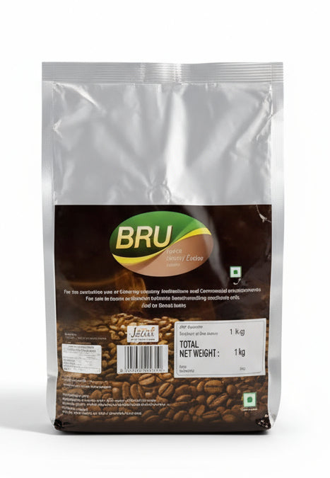 Bru Coffee Roasted Beans 1kg pack with brown and silver packaging showing coffee beans design