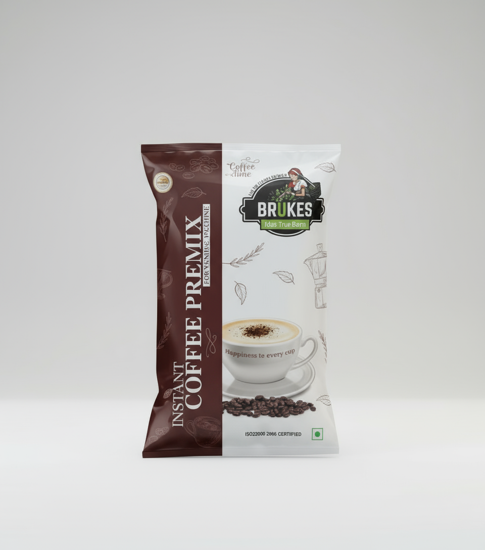 Brukes instant coffee premix for vending machines by Coffee Walla in a brown and white sealed pouch