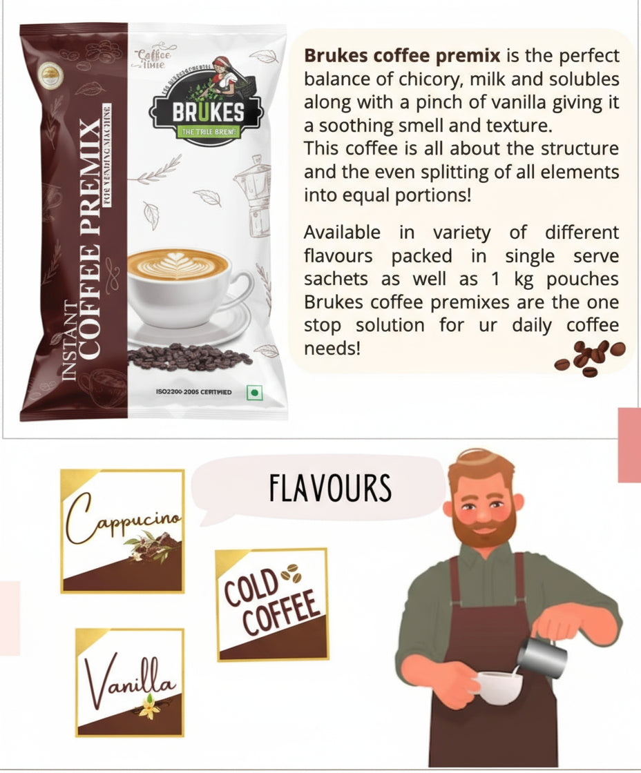 Brukes Coffee Instant Cold Coffee Premix packet with cappuccino vanilla and cold coffee flavors