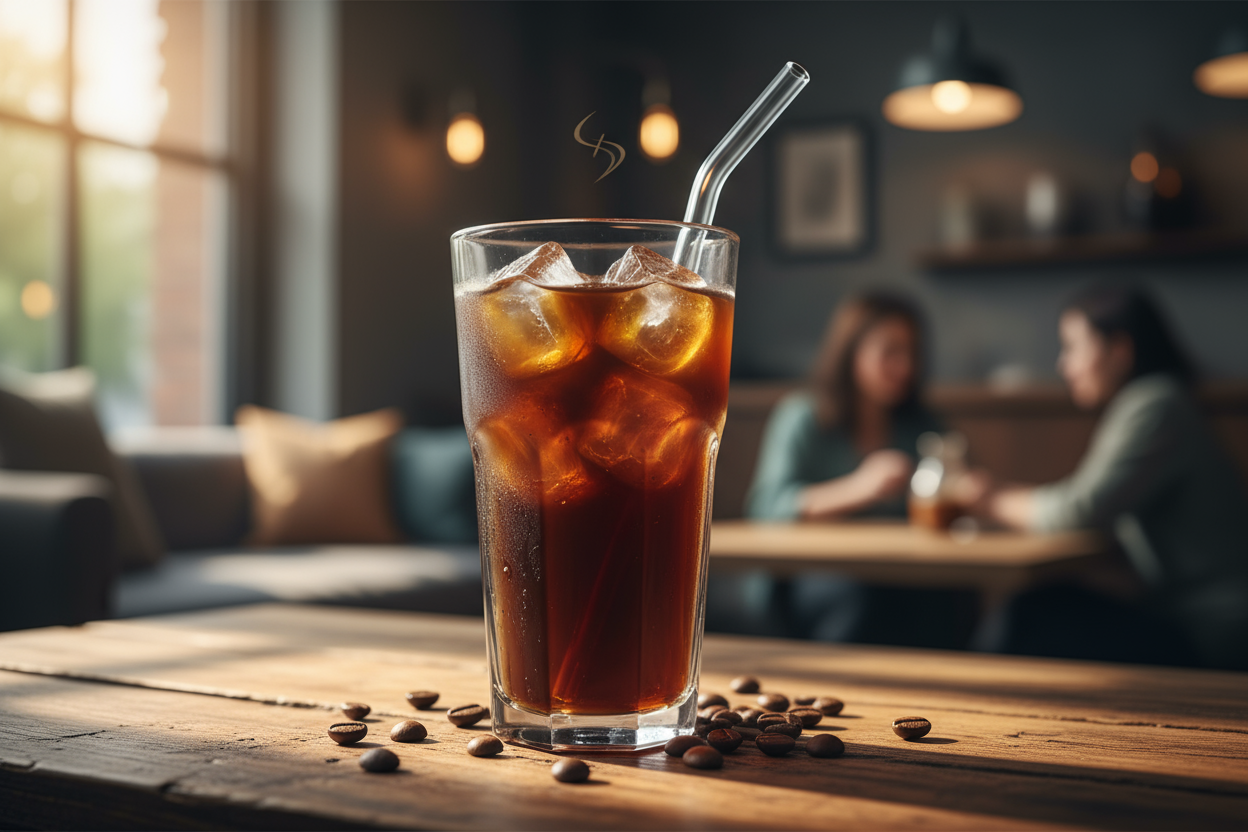 Glass of iced coffee with ice cubes and glass straw made using instant cold coffee premix by Coffee walla