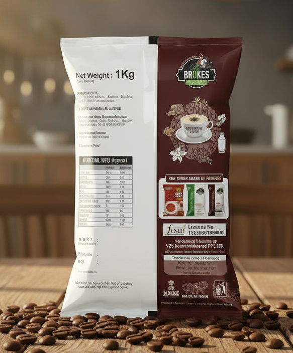 Brukes instant cold coffee premix 1kg pack with coffee cup illustration on brown and white packaging