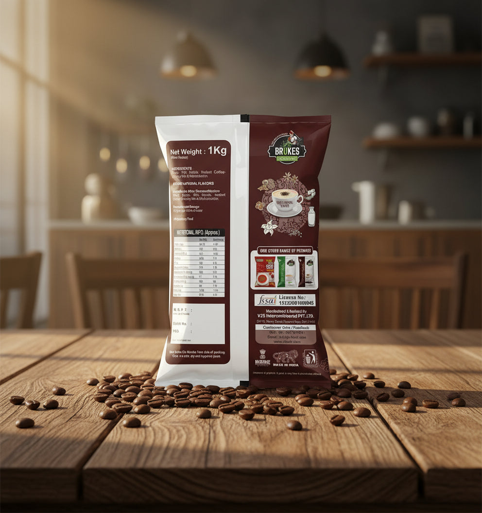 Coffee Walla instant cold coffee premix 1kg pack standing on wooden table with coffee beans