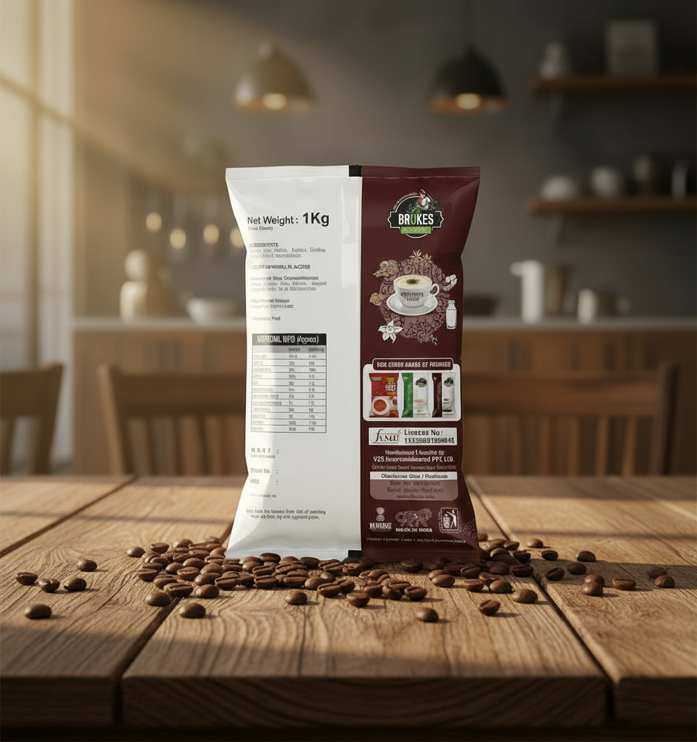 Coffee Walla instant cold coffee premix 1kg pack placed on wooden table with coffee beans scattered