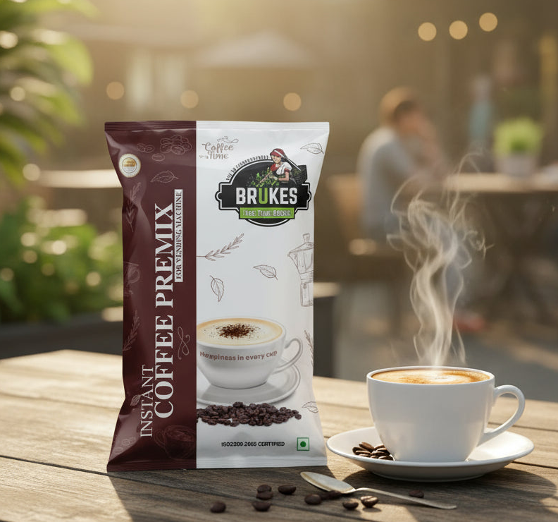 Coffee walla Brukes instant cold coffee premix packet next to a steaming cup of coffee on a wooden table