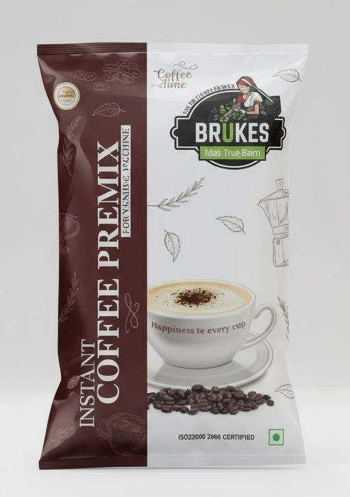 Coffee walla Brukes instant cold coffee premix packet with coffee cup and beans on white background