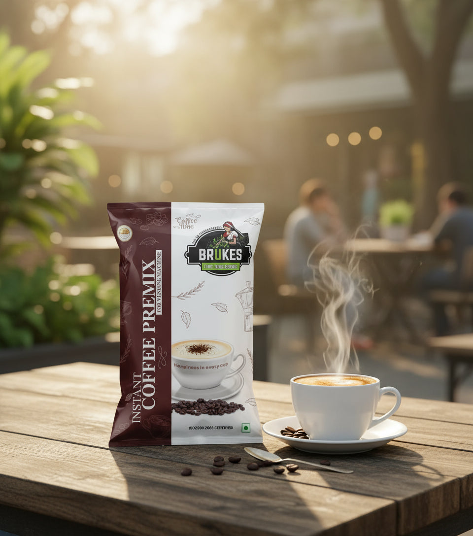 Coffee Walla instant cold coffee premix packet next to steaming cup of coffee on wooden table outdoors