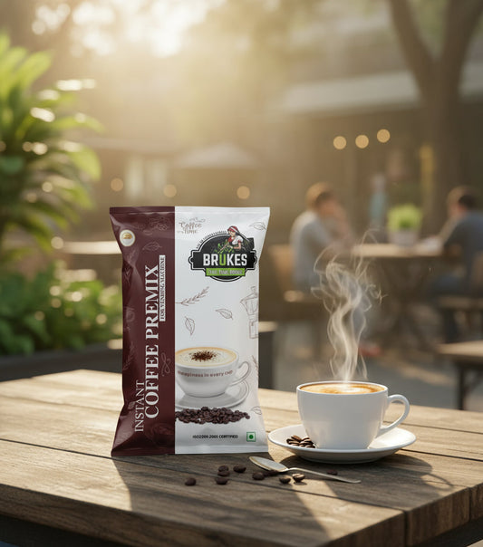 Coffee Walla instant cold coffee premix packet next to steaming cup of coffee on wooden table outdoors