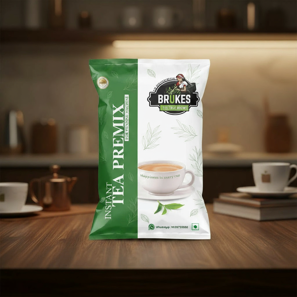 Coffee Walla Brukes instant tea premix for vending machine in green and white packaging on wooden table