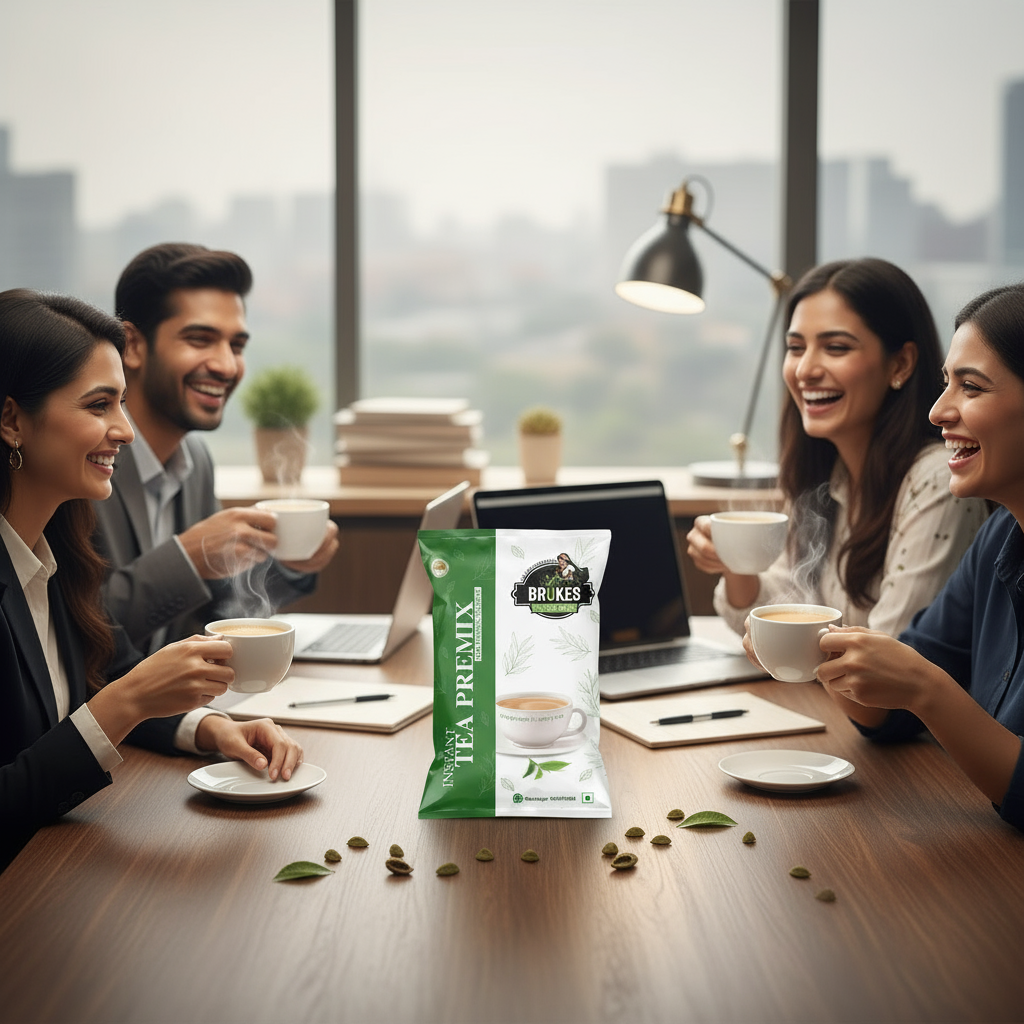 Coffee Walla instant tea premix for vending machine displayed on office table with coworkers enjoying tea