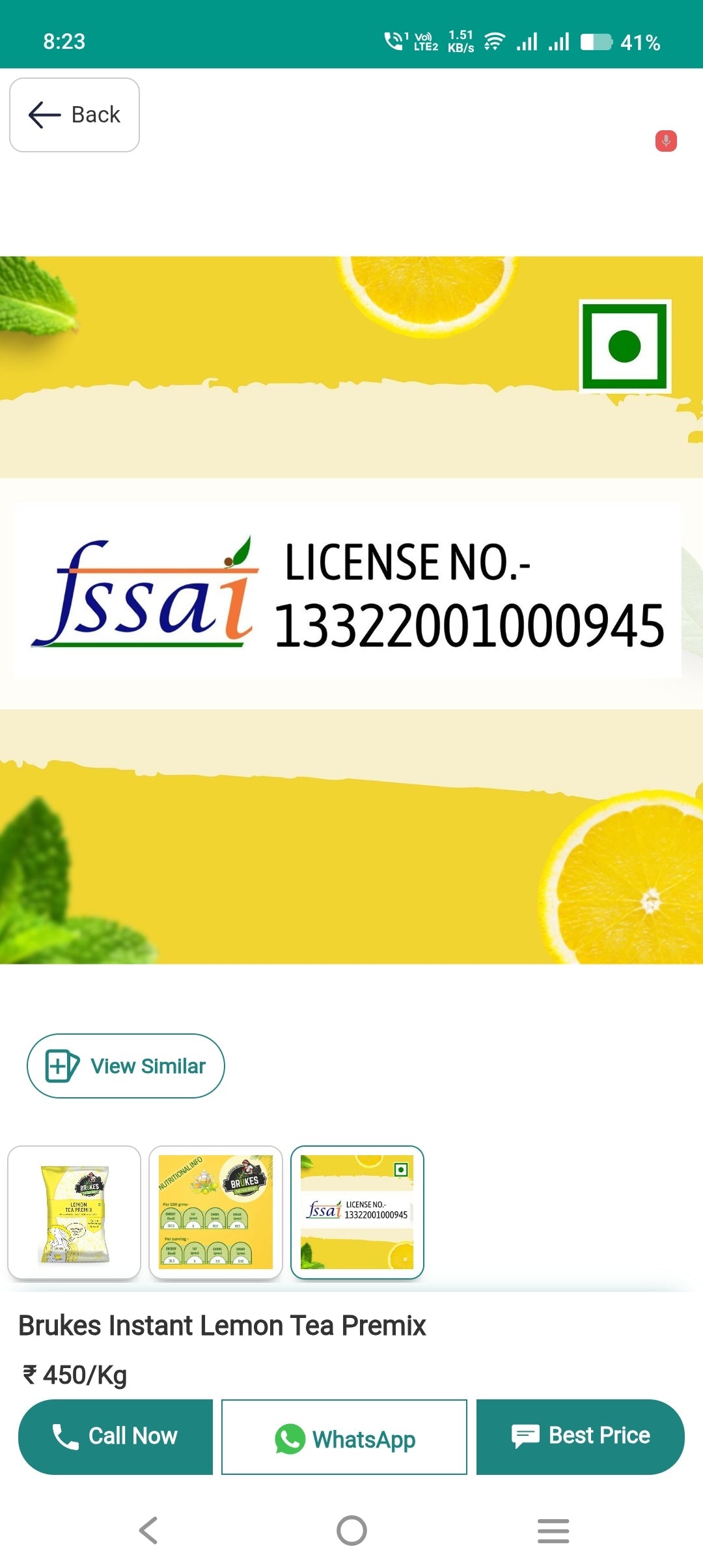 Coffee walla lemon tea premix 1kg pack with bright yellow lemon design and FSSAI license label