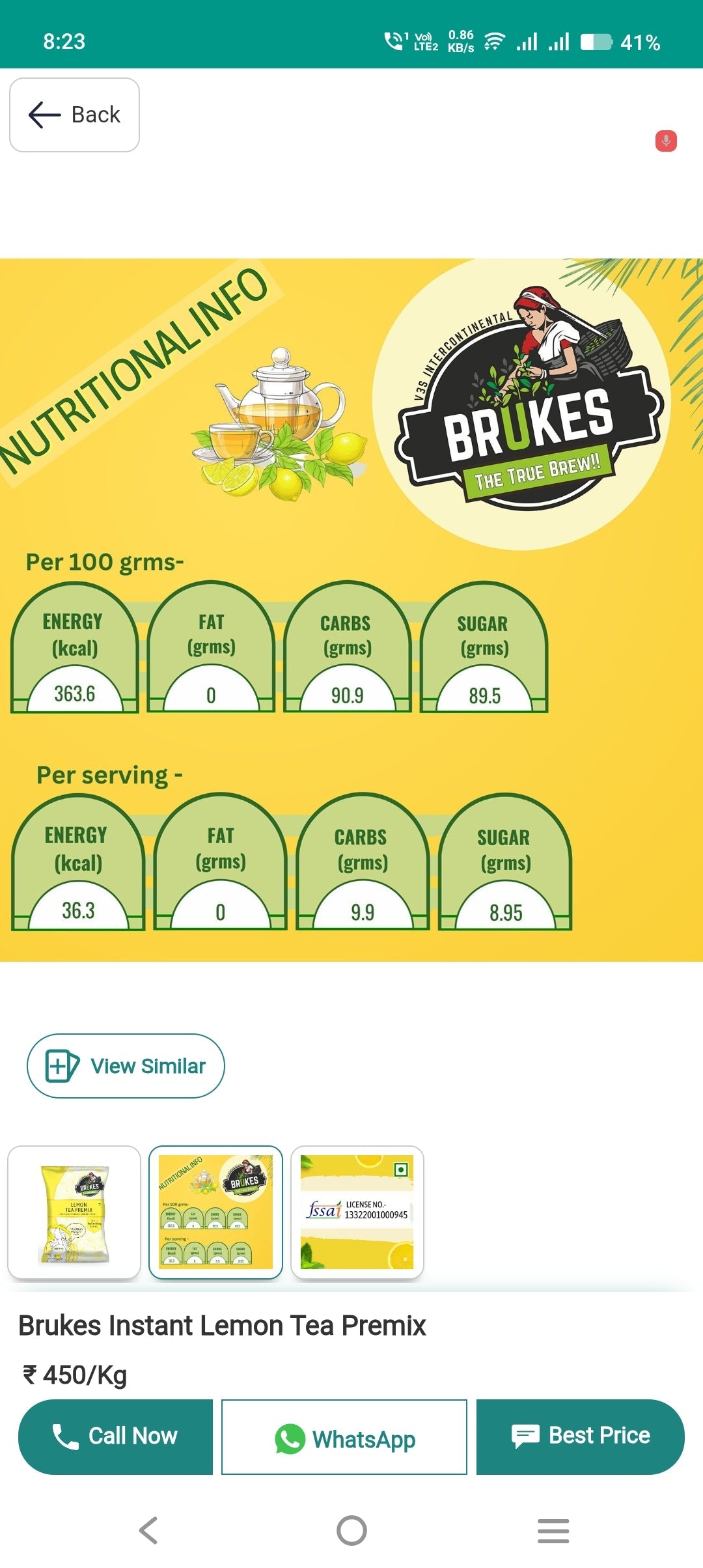 Brukes lemon tea premix 1kg pack showing nutritional information and branding on yellow background