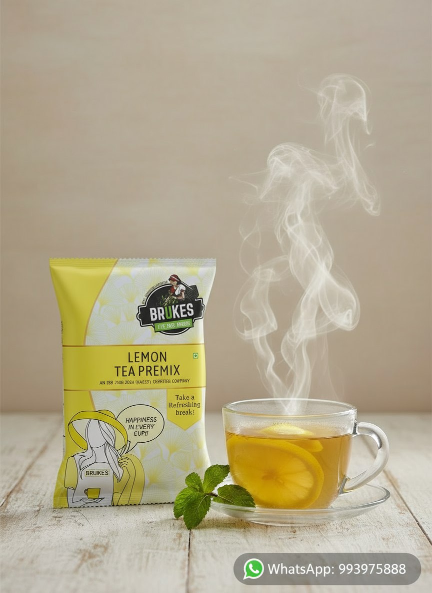 Coffee walla lemon tea premix 1kg pack next to a steaming cup of lemon tea with mint leaves