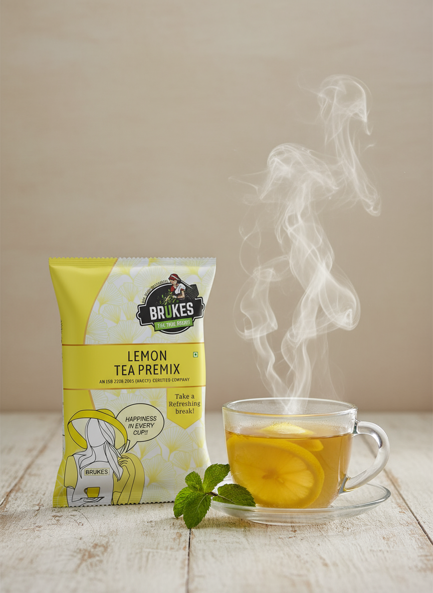 Coffee walla lemon tea premix 1kg packet beside a steaming cup of lemon tea with mint leaves