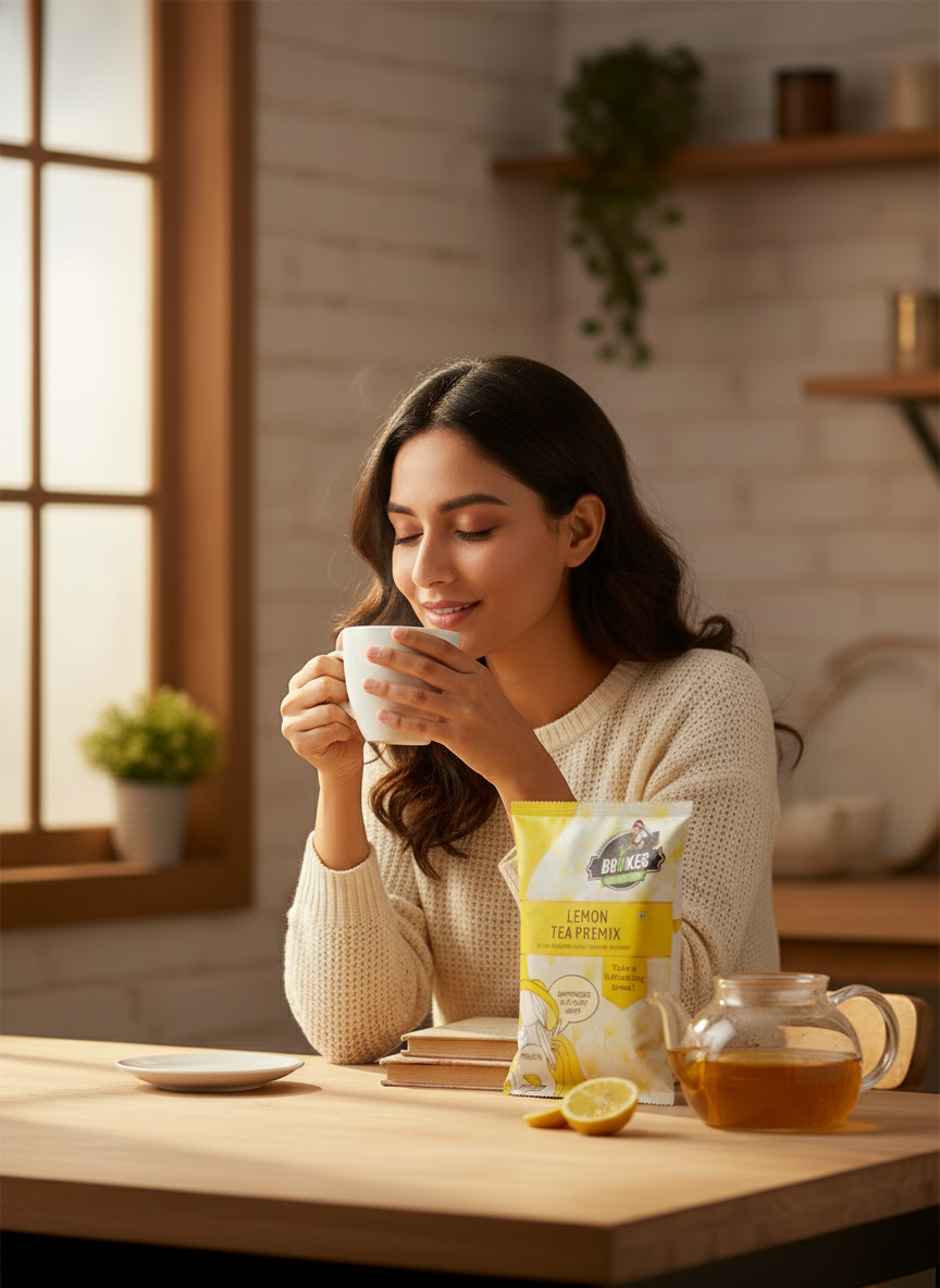 Woman enjoying a cup of tea with Coffee Walla lemon tea premix 1kg pack and teapot on wooden table