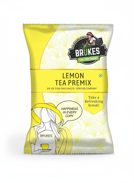 Brukes lemon tea premix 1kg pack with yellow and white design for refreshing beverage