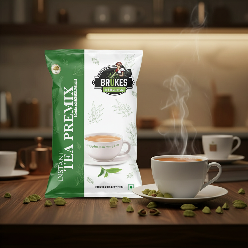 Brukes instant regular tea premix for vending machines with steaming cup of tea on wooden table