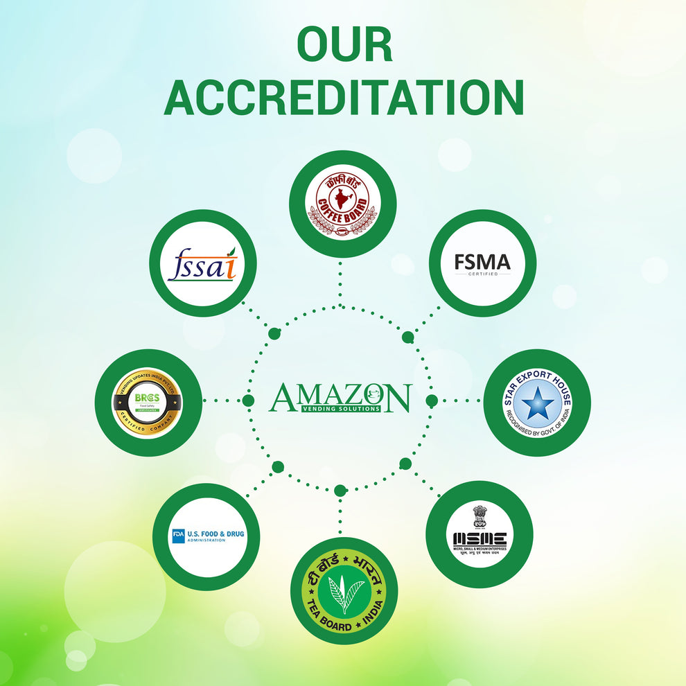 Accreditation logos for Coffee walla cardamom tea premix 1kg including FSSAI, FSMA, Tea Board, and others