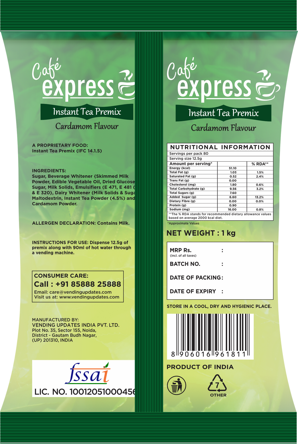Cafe express cardamom tea premix 1kg green packaging with ingredients and nutritional information