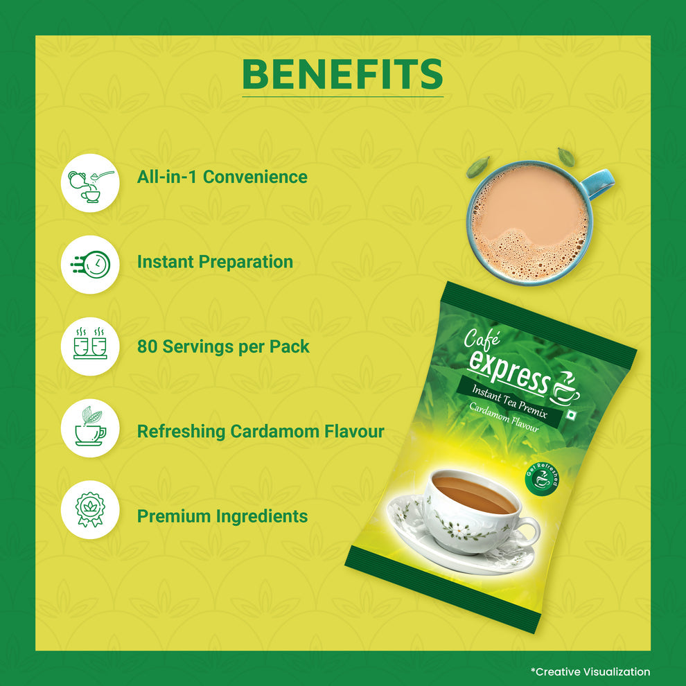 Coffee walla cardamom tea premix 1kg benefits showing instant preparation and refreshing cardamom flavor