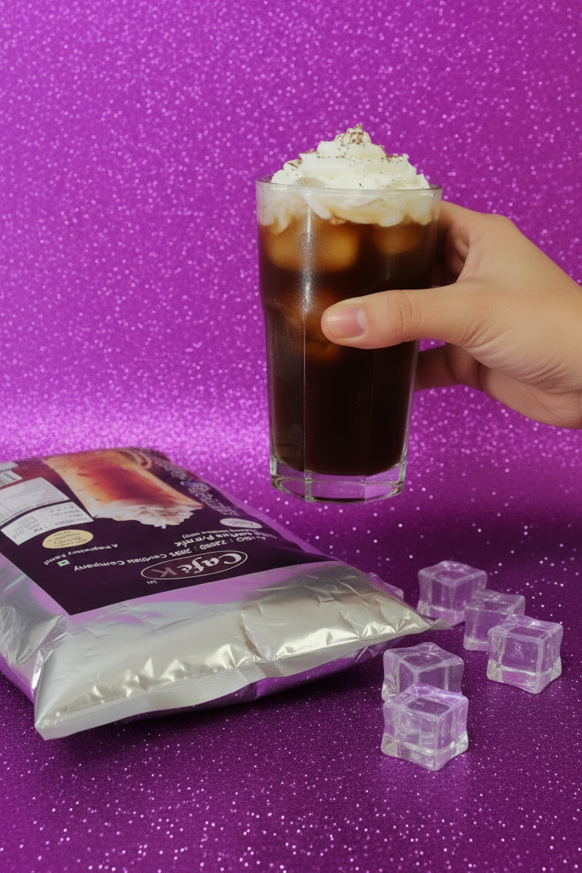 Hand holding a glass of cold coffee topped with cream beside Coffee Walla cold coffee premix powder and ice cubes on purple background